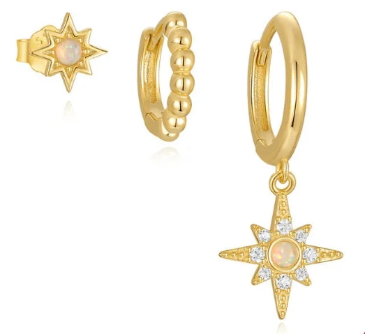 925 Sterling Silver Gold Plated Octagram Star Earrings Set with Opal and Zirconia