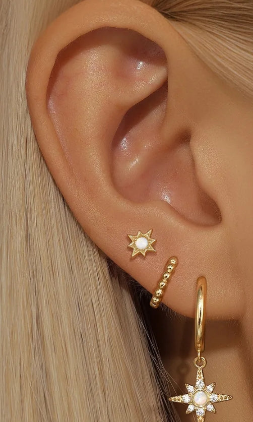925 Sterling Silver Gold Plated Octagram Star Earrings Set worn on model ear