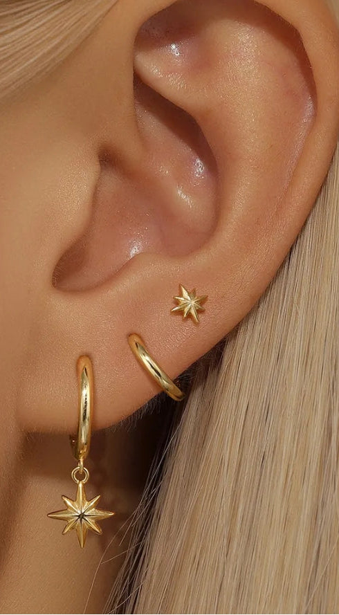 925 Sterling Silver Gold Octagram Star Earrings Set worn on model ear