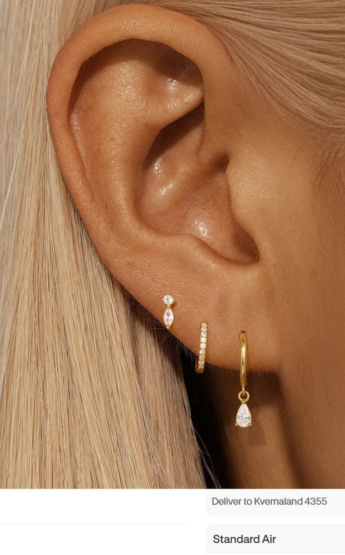 925 Sterling Silver Gold Teardrop Zirconia Earrings Set worn on model ear