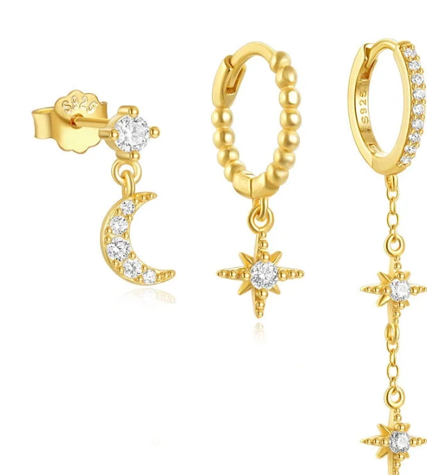 925 Sterling Silver Celestial Star Moon Earrings Set product view