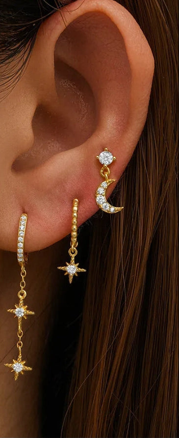 925 Sterling Silver Celestial Star Moon Earrings Set worn on model ear