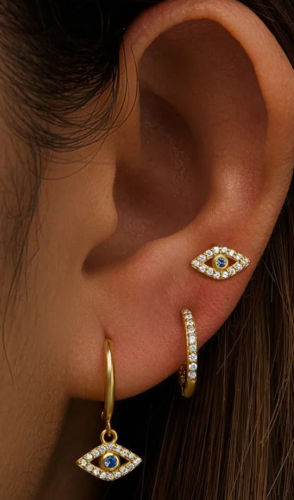 925 Sterling Silver Evil Eye Earrings Set worn on model ear
